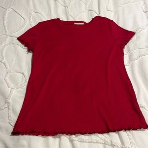 Red Top with Ruffle Details on Shirt Edges